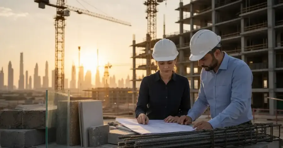 Two construction professionals in hard hats review building plans on a construction site, with cranes, a partially built structure, and a city skyline behind them.